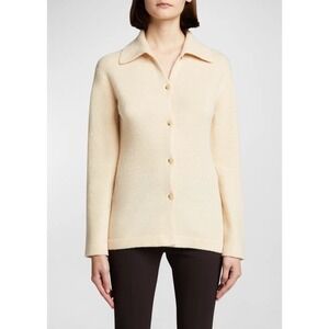 VINCE Fitted Wool Blend Polo Cardigan Sweater Cashmere Buttons Oat Cream Medium